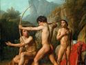 Three Spartan boys practising archery